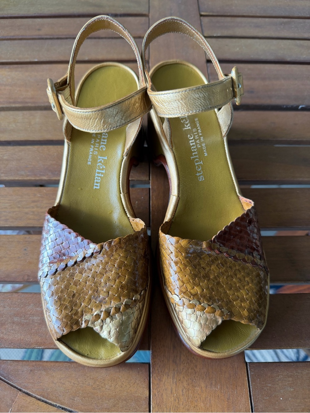 Vintage Stephane Kelian Metallic Gold and Brown Woven Peep-Toe Wedges
